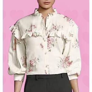 Rebecca Taylor Maia Ivory & Pink Floral Ruffled Victorian Cotton Blouse Sz 10 L